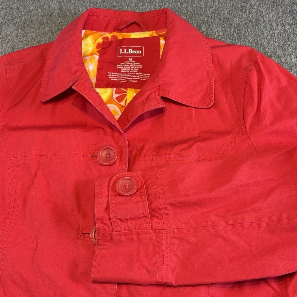 L.L. Bean‎ Woman's Sz M Red Trench Coat Citrus Fruit Lining Jacket